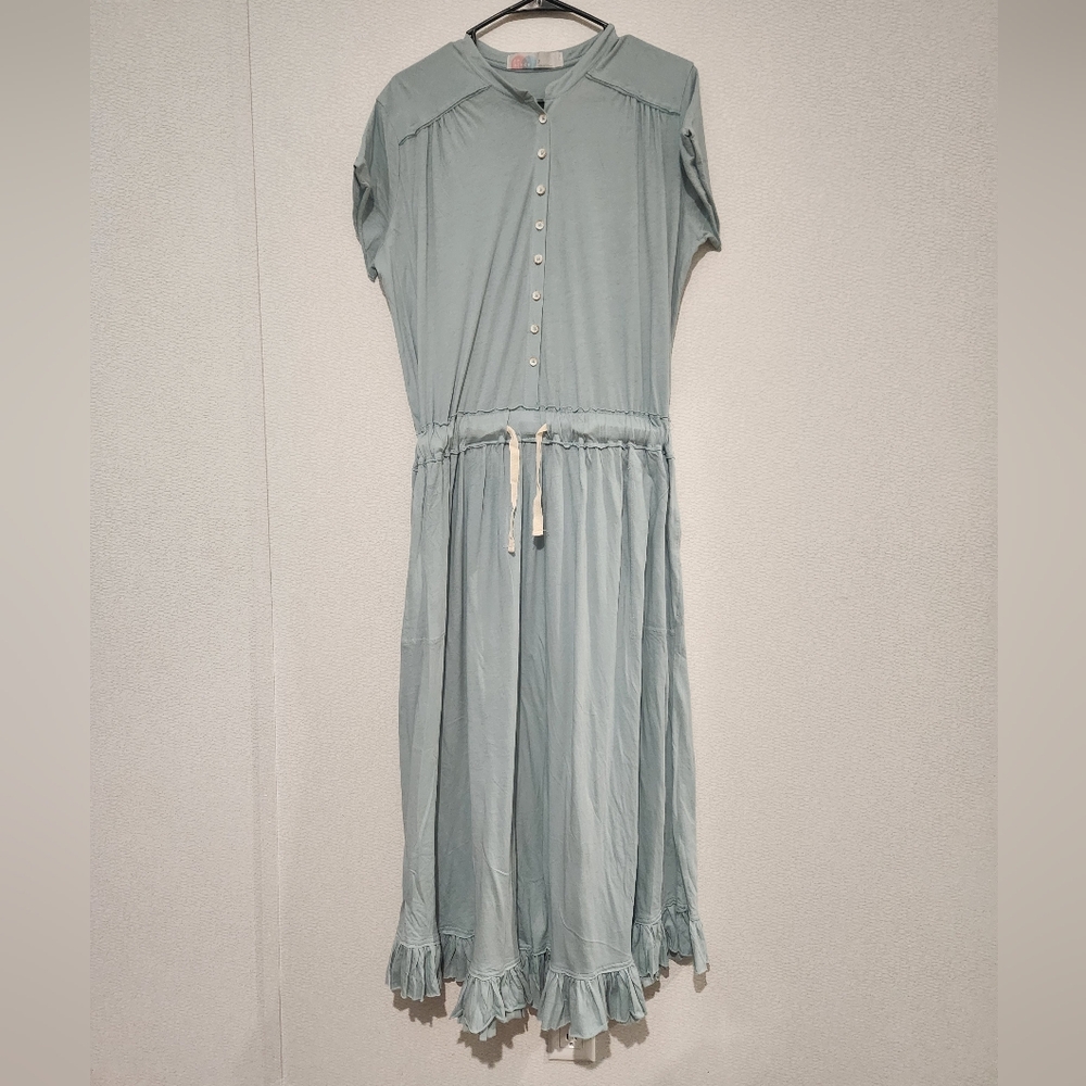 Free People Beach Tie Front Button Down Ruffle Maxi Dress Small Light Blue